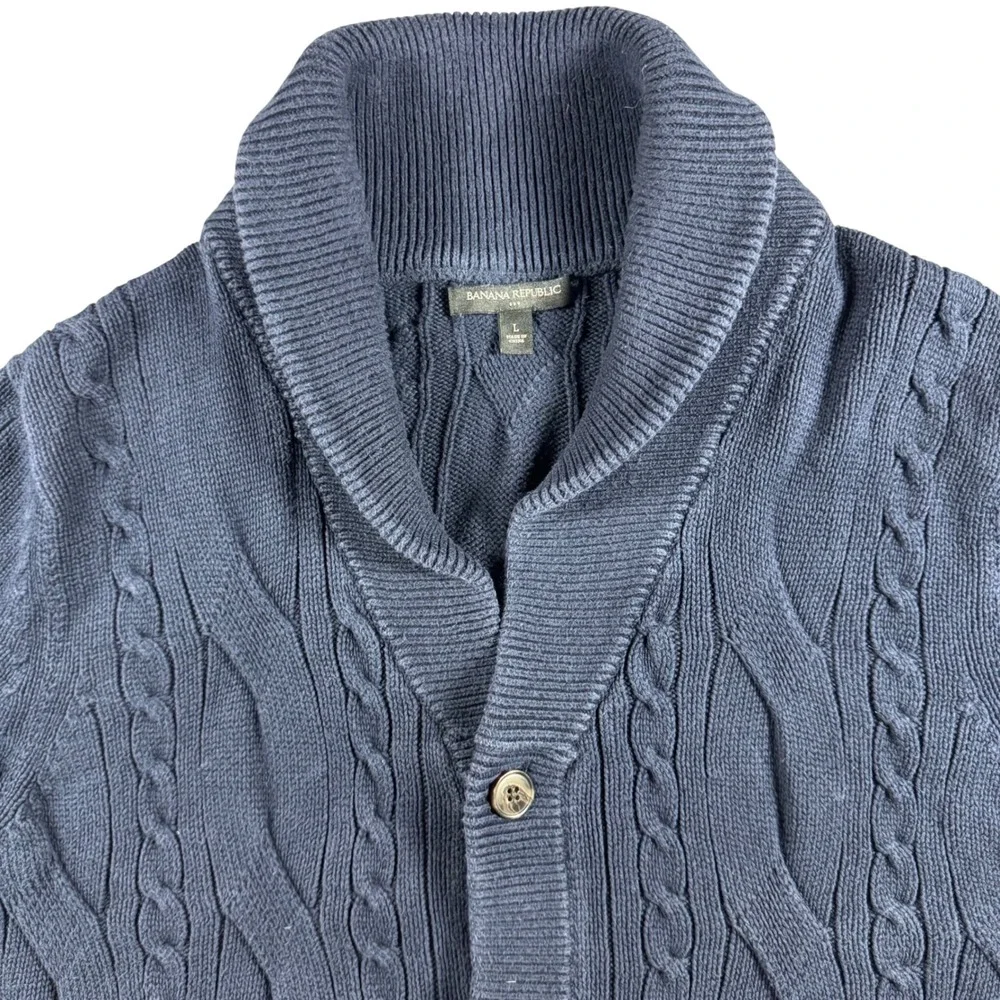 Banana Republic Cardigan Men Large Blue Excellent Cable Knit Shawl Collar 980792